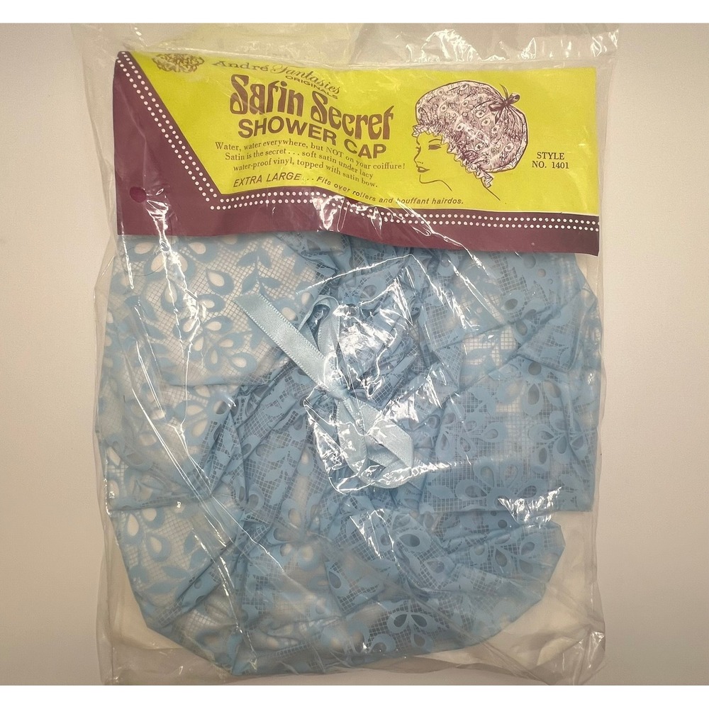 Vintage 1960s shower cap with bow, satin‎ lining, vinyl outer, XL bouffant hair